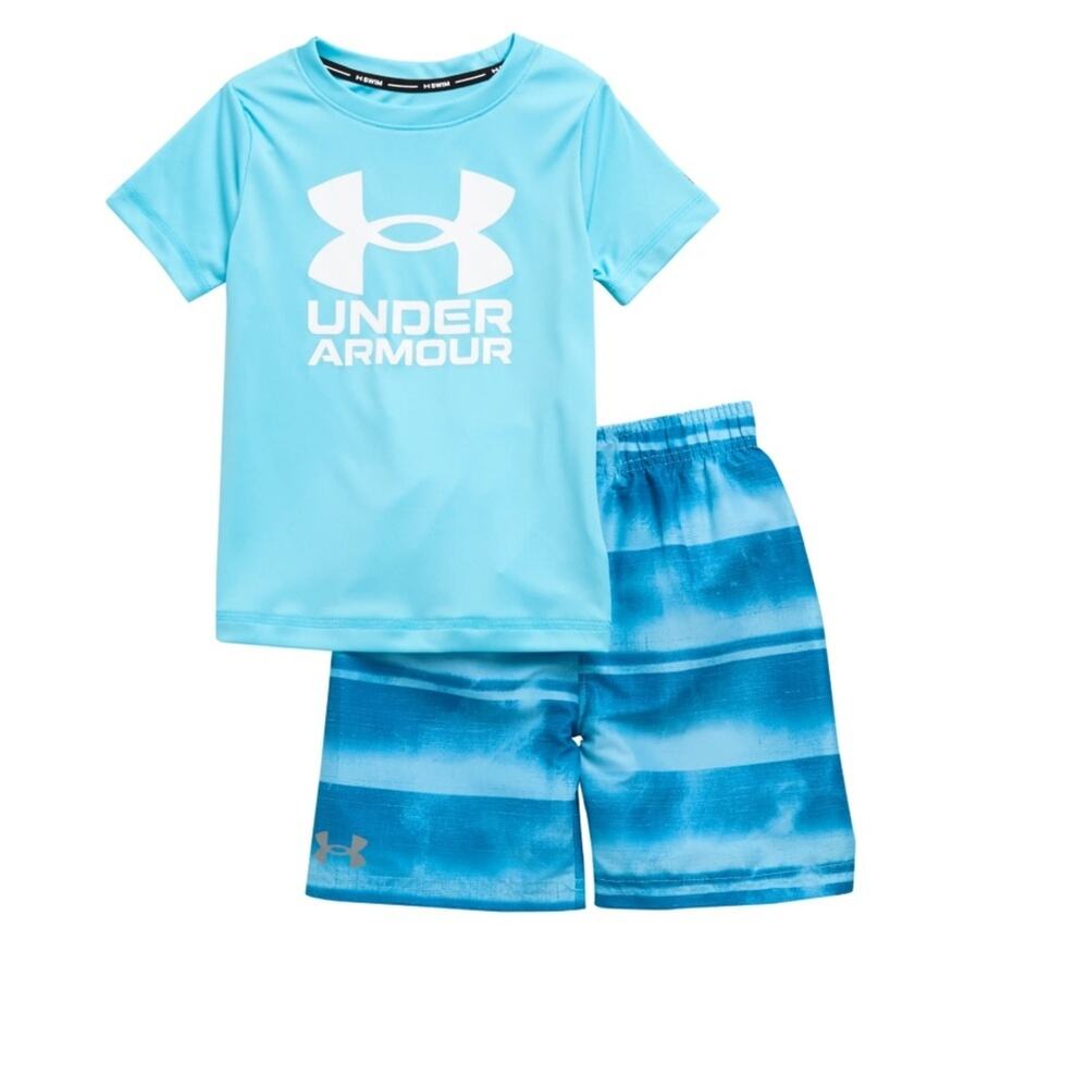 Under Armour‎ size 6 Gated Stripe Print Fresco Blue 2-Piece Rashguard Swim Set
